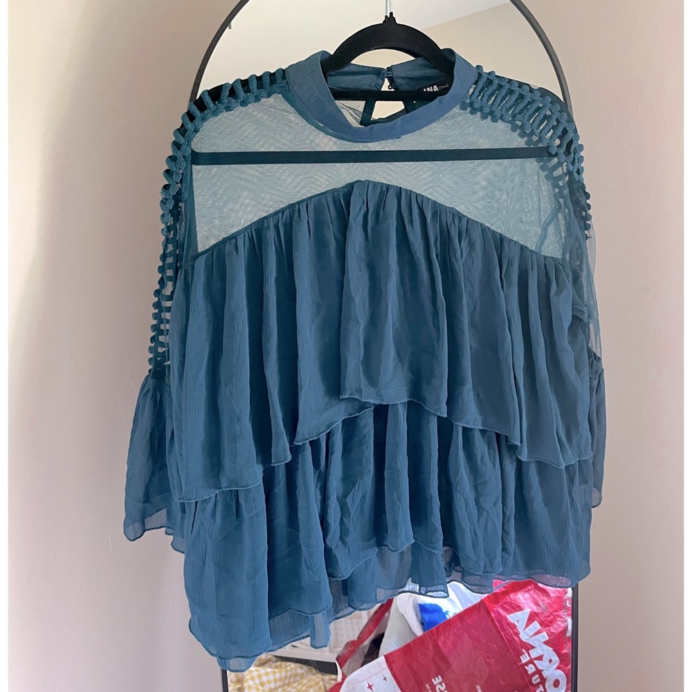 Ina Teal Ruffled Sheer Yoke Blouse